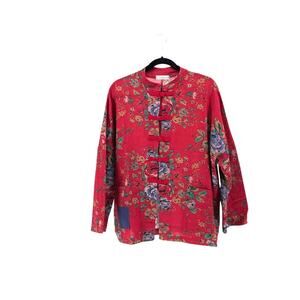 Red Floral Cotton Blend Toggle Jacket with Patch Pockets - Size XL - Artsy